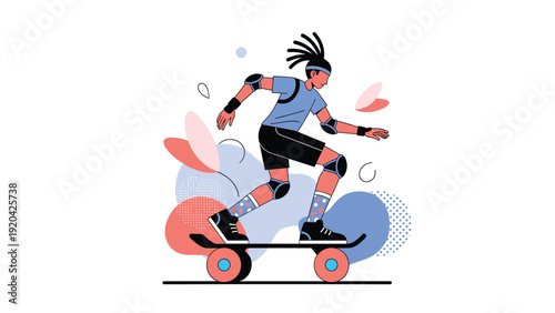 Cool skateboarder performing tricks with colorful abstract shapes and patterns for urban street sport concept.