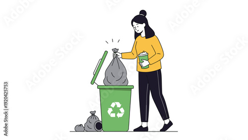 Responsible woman disposing of trash bag into green recycling bin for environmental protection and sustainability.