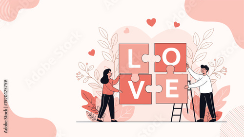 Loving young couple working together to assemble a heart-shaped puzzle with the word love written on the large pieces.