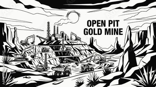 open pit gold mining industry excavation mineral resource quarry machinery heavy equipment extraction desert landscape industrial environment energy black and white vector illustration