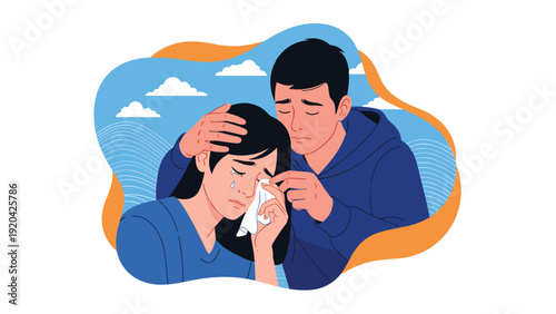 Kind man comforting a crying woman and drying her tears with a tissue against a blue sky and cloud background.