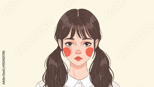 Beautiful portrait of a young girl with pigtails and rosy cheeks wearing a white collar shirt on a beige background.