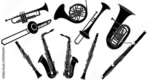 Collection of Musical Instruments Silhouette: Brass and Woodwind Instruments