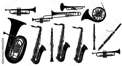 Collection of Musical Instruments Silhouette: Brass and Woodwind Instruments