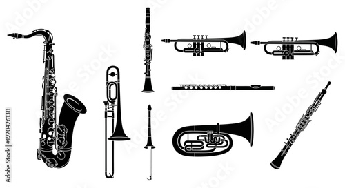 Collection of Black Silhouettes of Musical Instruments on White Background