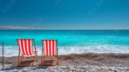 Two deckchairs at seaside, two chairs on the beach, beach chairs on the beach