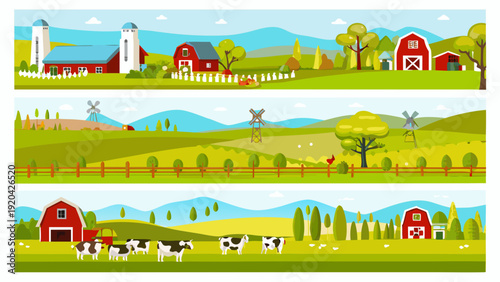 Colorful farm landscape with barns fields cows and rolling hills