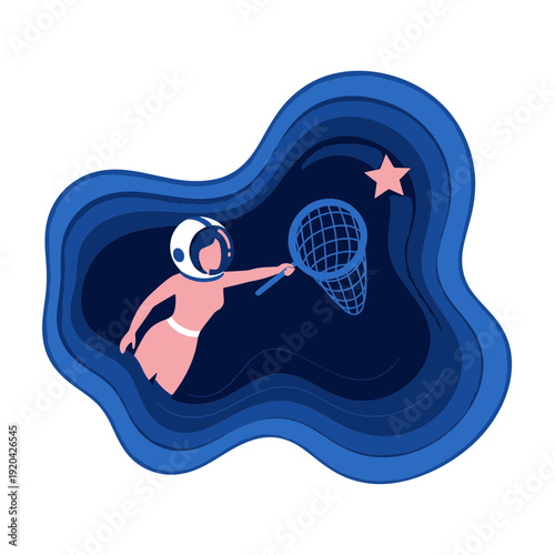 Female Astronaut Wearing a Space Helmet Catching a Pink Star with a Net in Dark Cosmic Space