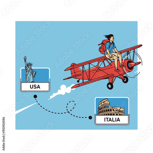Free spirited Person Traveling by Red Biplane Showing a Journey Between Distant Nations