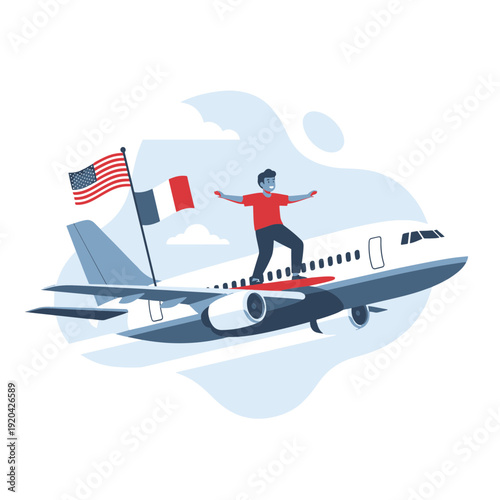 Adventurous Man Balances on the Wing of a Flying Passenger Airplane with National Flags Traveling Globally