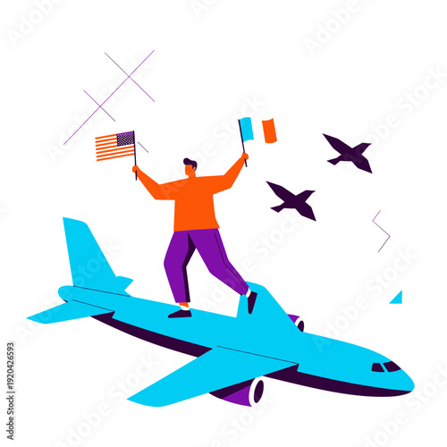 Person on Flying Aircraft Waving American and Foreign Flags Symbolizing International Journey