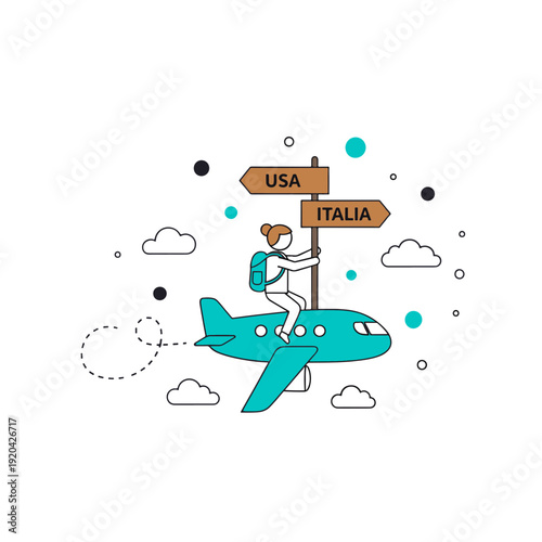 Person Riding Airplane with Backpack Deciding Between Usa and Italia Travel Destinations