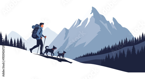 A lone hiker with two dogs traverses a snowy mountain landscape showcasing a striking graphic silhouette high quality professional detailed modern