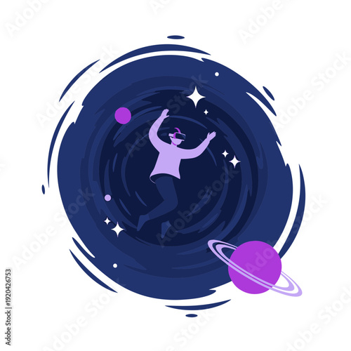 Person Experiencing Virtual Reality in a Dark Cosmic Space with Planets and Swirling Nebula