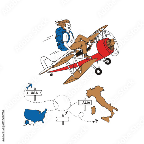 Adventurous Traveler Flying a Vintage Biplane from the United States to Italy for Holiday