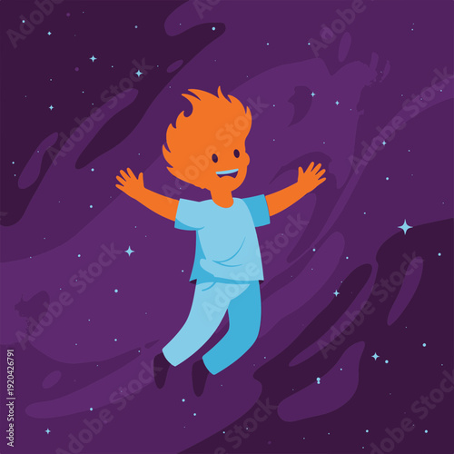 Joyful Child in Light Blue Scrubs Floats Amidst Sparkling Stars and Purple Cosmic Nebula