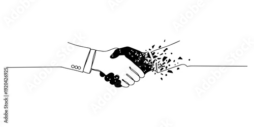 Continuous one line of a corrupt handshake dissolving into broken lines, drawn illustration.