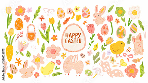 A colorful easter illustration featuring rabbits eggs flowers and spring elements