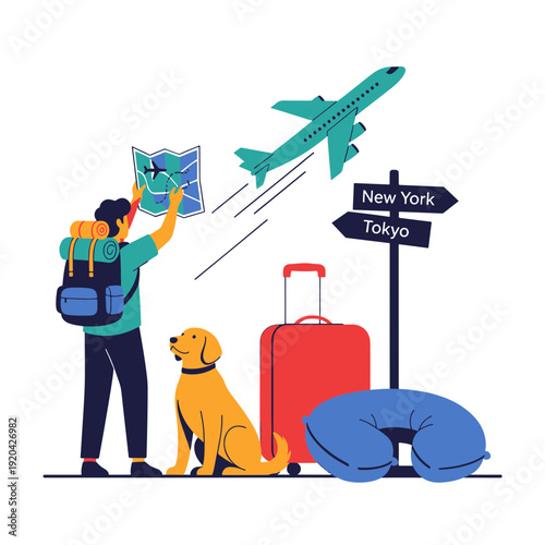 Traveler with Backpack and Map Planning an International Journey with Dog Luggage and Airplane