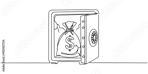 Continuous one line of a money bag locked inside a safe with cracks, drawn illustration.