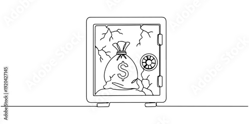 Continuous one line of a money bag locked inside a safe with cracks, drawn illustration.