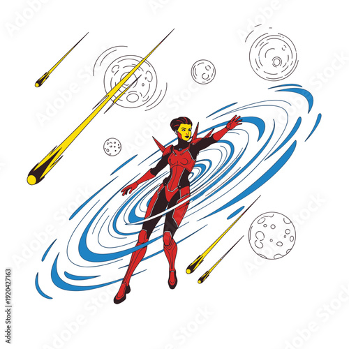 Futuristic Armored Woman Floating in Deep Space Amidst Swirling Galaxies and Glowing Meteoroids