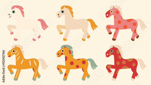 Colorful cartoon horses in various poses and patterned designs are displayed