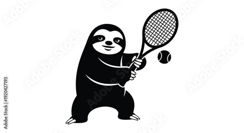 A charming black silhouette depicts a sloth playfully preparing to serve a tennis ball with a racket silhouette high quality professional