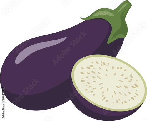 Purple Eggplant with Sliced Interior Isolated on Transparent Background Organic Vegetable Concept