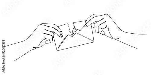 Continuous one line of a two hands tearing apart a bribe envelope, drawn illustration.
