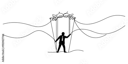 Continuous one line of a puppet strings controlling a politician, drawn illustration.