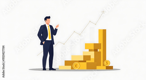 Businessman analyzing financial growth chart. Investment success concept with rising currency stacks and upward arrow