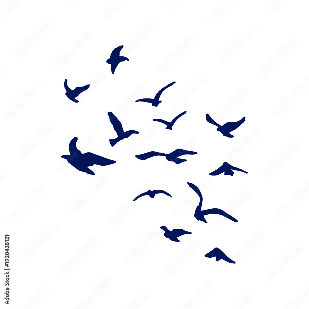 Fototapeta premium Flock of Flying Birds Silhouette Soaring in Sky Isolated Vector Design Element, Wildlife Migration, Freedom and Grace Hand Drawn Sign of Dove Illustration