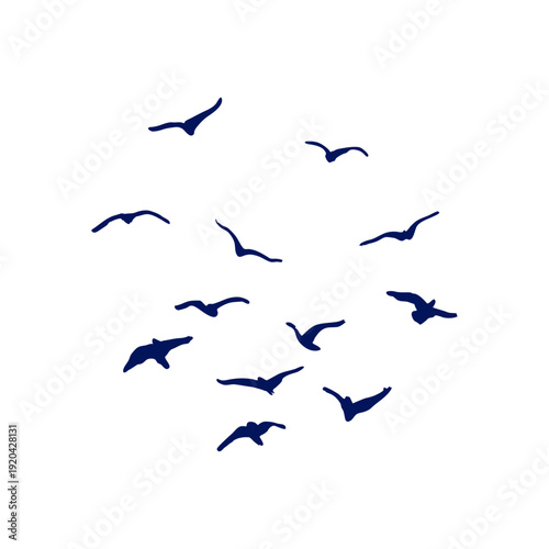 Flock of Flying Birds Silhouette Soaring in Sky Isolated Vector Design Element, Wildlife Migration, Freedom and Grace Hand Drawn Sign of Dove Illustration