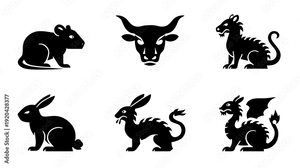Obraz premium Rat, Ox, Tiger, Rabbit, and Dragon Flat Pictograms on White Background