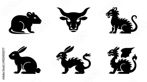 Rat, Ox, Tiger, Rabbit, and Dragon Flat Pictograms on White Background