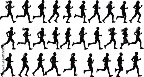 Collection of running people silhouettes isolated on white background, men and women jogging in side view poses, black vector illustration set for fitness and sport design