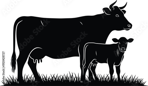 Black vector silhouette of a cow and calf standing in the grass for dairy farm agriculture livestock breeding organic meat and rural landscape branding (24 words)