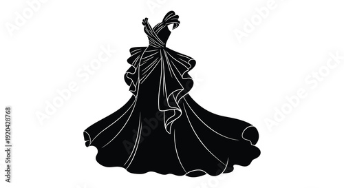 An elegant flowing gown is depicted in a stark black outline showcasing intricate draping and design silhouette high quality professional