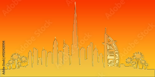 Dubai city skyline illustration featuring iconic landmarks like Burj Khalifa and Burj Al Arab. Created in a continuous line art style with a warm orange and yellow gradient background.