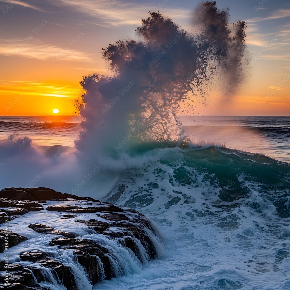 Fototapeta premium Majestic ocean wave crashes against rocky shore at sunset.