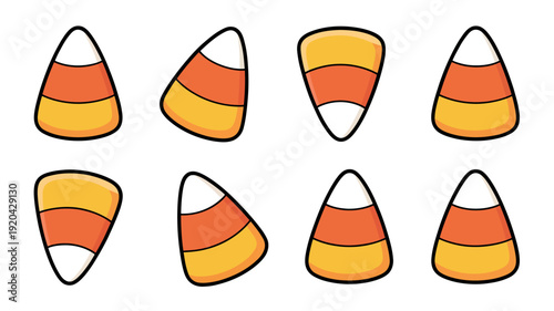 Collection of eight colorful hand drawn candy corn illustrations for halloween