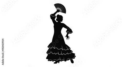 A striking black silhouette depicts a flamenco dancer gracefully posing with a fan and ruffled dress silhouette high quality professional detailed
