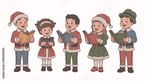 Children in christmas outfits singing carols together
