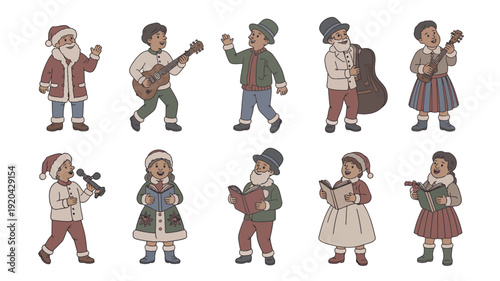 Vintage christmas carolers and musicians celebrating the holidays