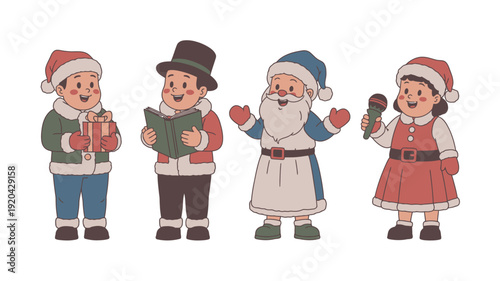 Four festive characters celebrating christmas with gifts and carols
