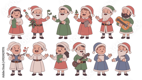 Collection of cheerful cartoon christmas carolers in festive attire