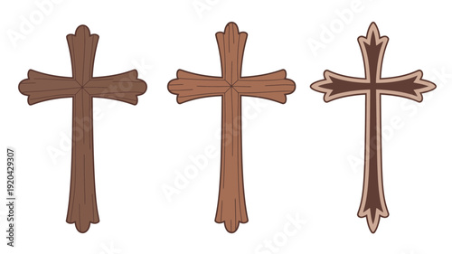 Three decorative wooden crosses with ornate details on a white background