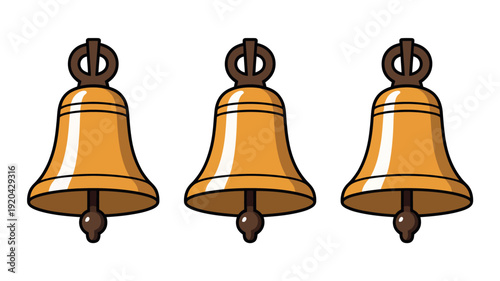 Three golden bells hanging in a row with clappers