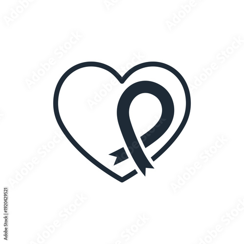 Heart with a mourning ribbon. Sympathy, support. Vector linear icon isolated on white background.